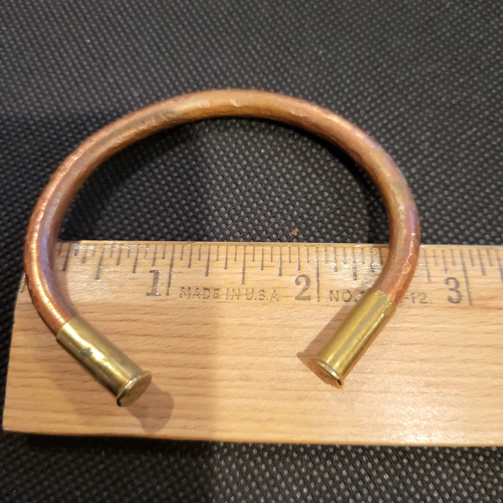 Solid Copper Hand Hammered Cuff Bracelet w/ Brass Bullet Casing Ends Sig…